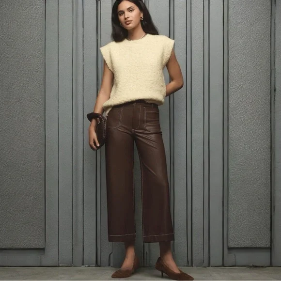 Anthropologie Maeve Colette Cropped Wide-Leg Pants Maeve Faux-Leather Top-Stitch - Picture 1 of 9